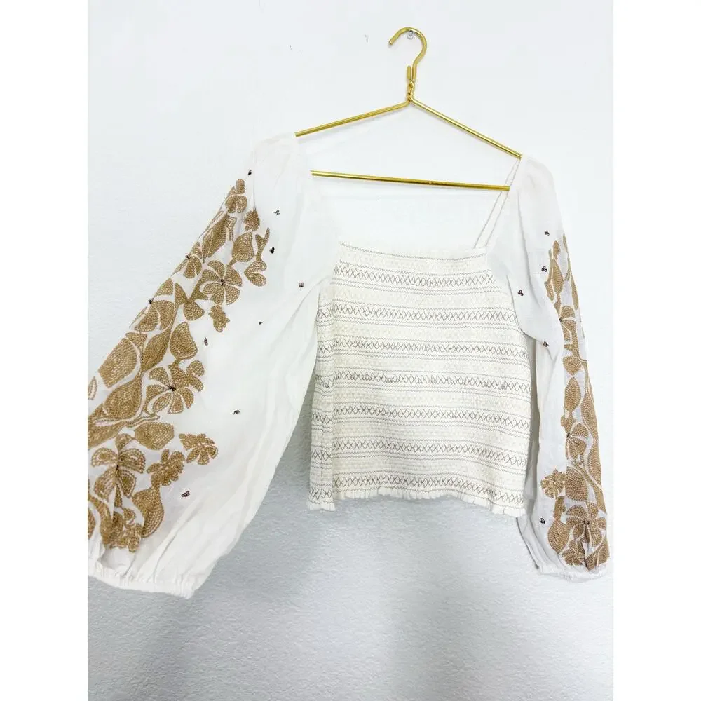 NWT Anthropologie Smocked Embroidered Top Size Small Cream Sequin Boho Chic